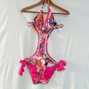 Betsey Johnson rose decal Monokini. Circa 2010s.